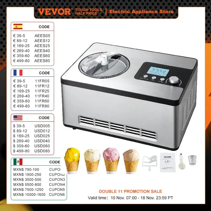 VEVOR Automatic Ice Cream Maker with Built-in Compressor 2 Quart No Pre-freezing Fruit Yogurt Machine Electric Sorbet Maker