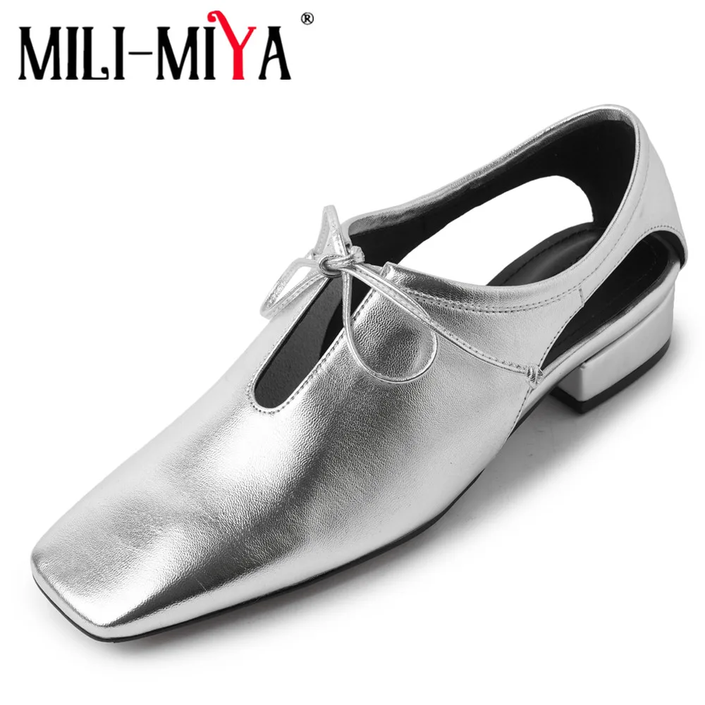 MILI-MIYA Fashion Side Hollow Breathable Design Women Cow Leather Sandals Square Toe Thick Heels Lace Up Solid Color Dress Party