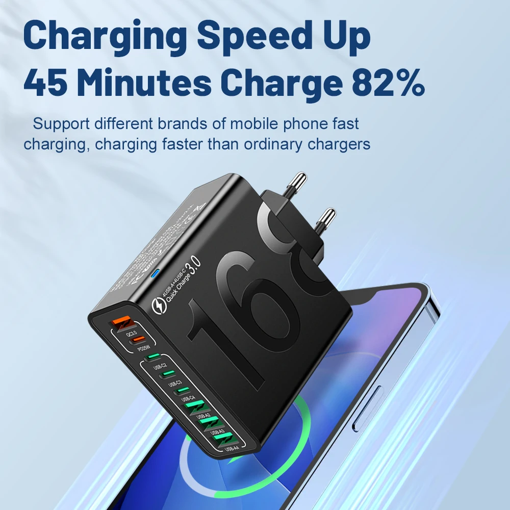 Total 150W 8 Ports Fast Charging QC3.0 Travel Charger For iPhone 16 15 14 Samsung Xiaomi EU US KR Plug Mobile Phone Wall Adapter