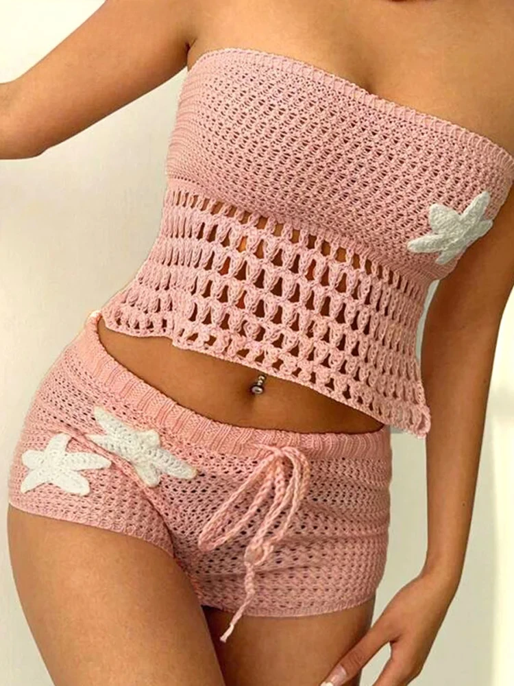 

Сексуальный вязаный крючком укороченный топ, женский топ без бретелек с открытой спиной на шнуровке, шорты с высокой талией на шнуровке, женские комплекты, летний женский костюм