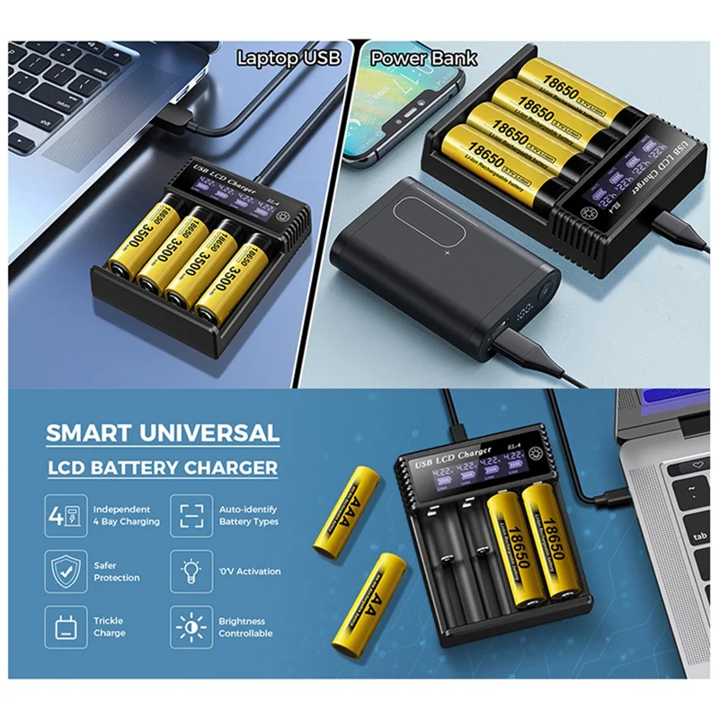 

B86B-New USB LCD Battery Smart Charger 4 Slots Dual For 18650 3.7V Rechargeable Lithium Battery For 1.2V NI-MH AA / AAA