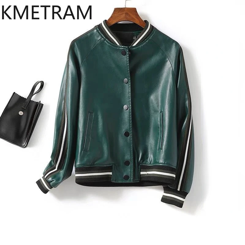 Kmetram natürliche Schaffell Lederjacke für Frauen Frühling Herbst Baseball Damen jacken kurze Mäntel leren jas dames