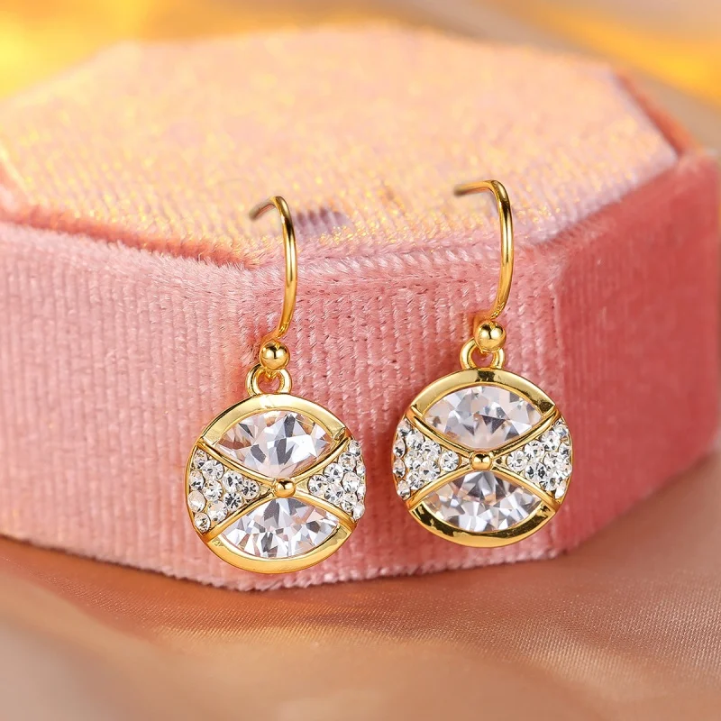 Light Luxury Round Zircon Earrings with Versatile Temperament, High-end Feel, Cross Set Diamond Gold Design, Jewelry Accessories