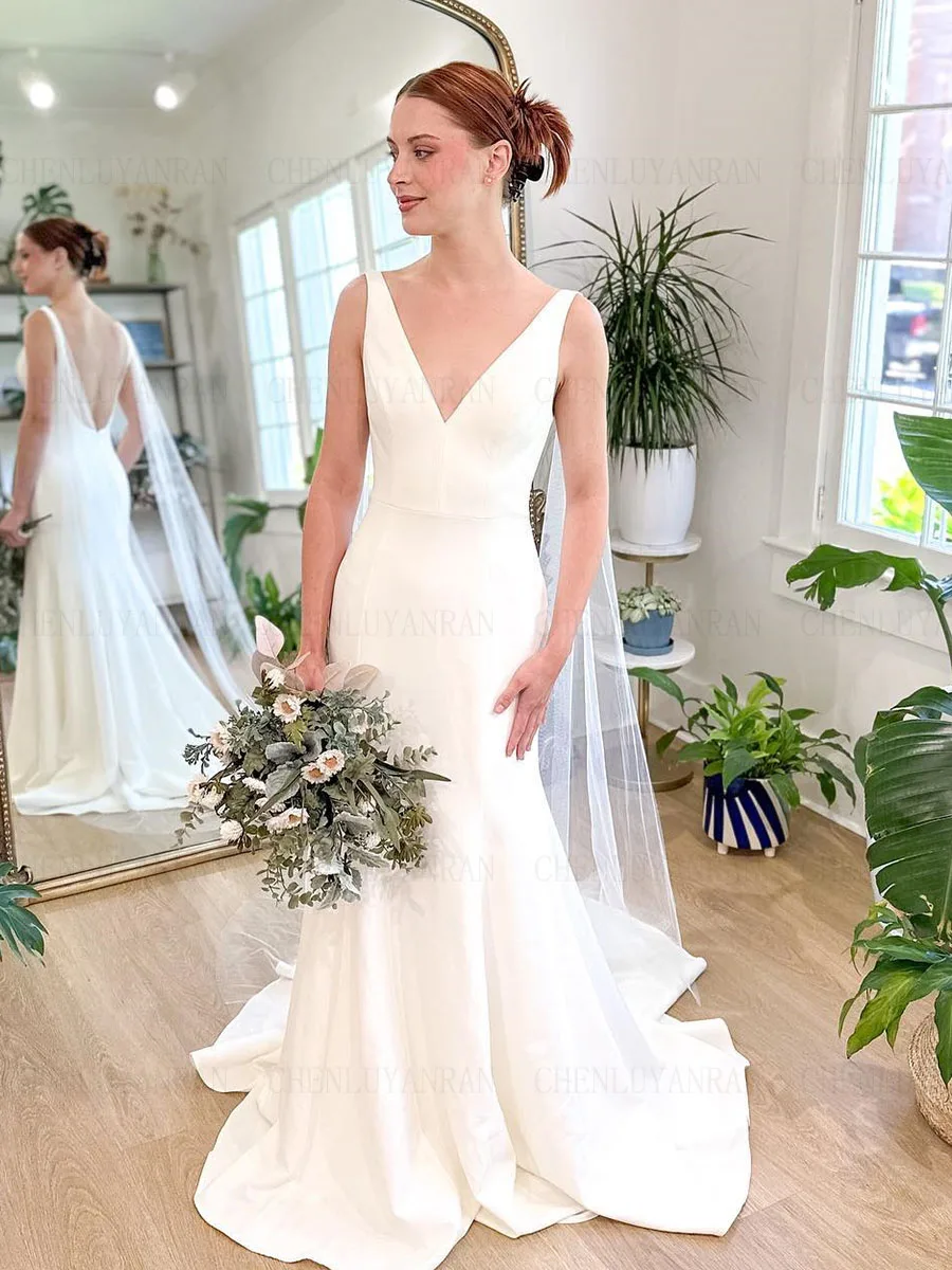 Backless Sexy Wedding Dresses V-Neck Sleeveless Long Bride Dress Sweep Train A-Line Simple Dresses For Women 2026 Robe De Mariee