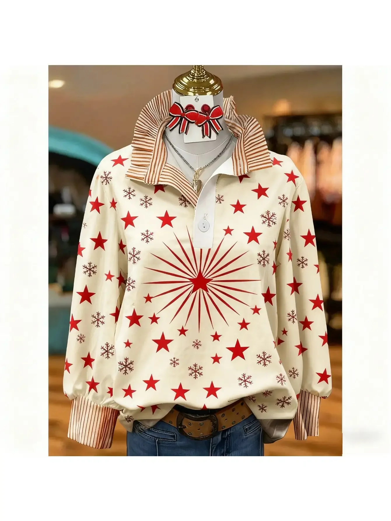 2026 Women's striped retro fashion shirt with multi-color striped collar and Red and black line elements