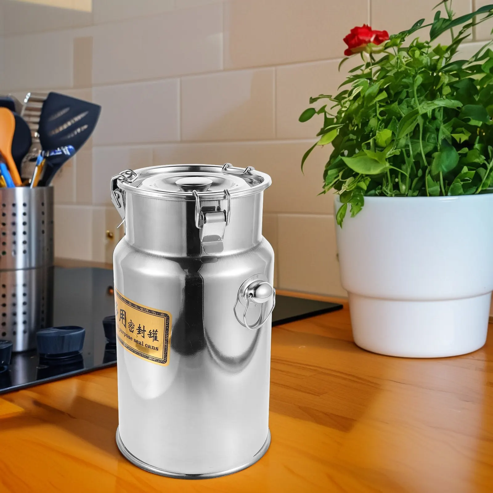 

7L Stainless Steel Airtight Barrel Kitchen Storage Bucket Portable Sealed Food Container for Milk Oil Flour Water Tea Soup Rice
