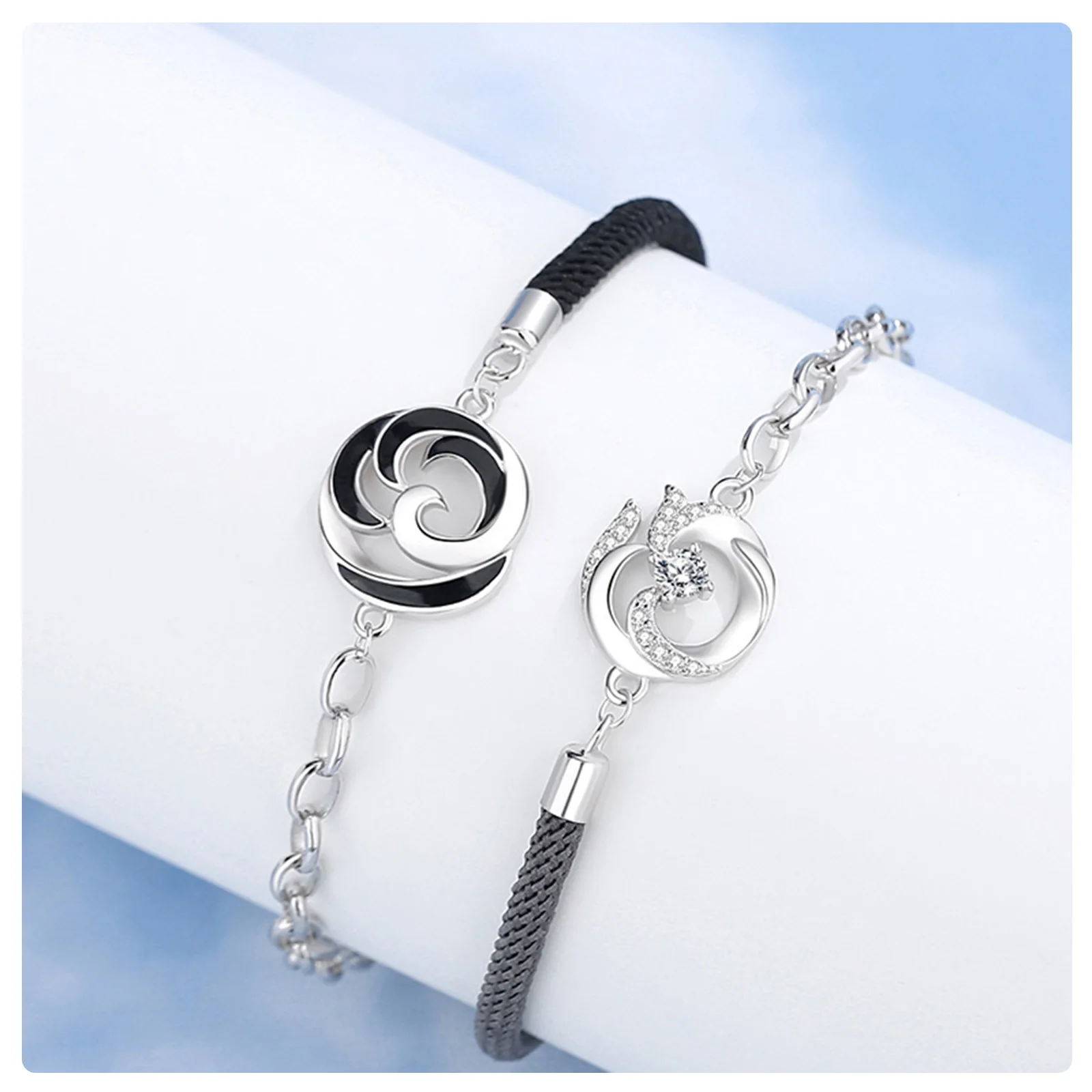 Romantic Matching Phoenix Bracelet Pair, Men Black Rope & Women Gray Zircon Rope Wrist Jewelry For Lovers