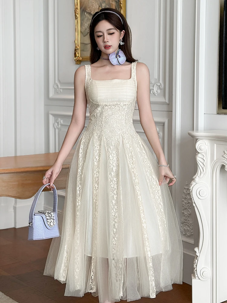 أنيقة الحلو الدانتيل تول السباغيتي فستان بحزام المرأة مثير عطلة شير الدانتيل شبكة لصق سوينغ رداء سيدة حفلة يؤرخ Vestidos