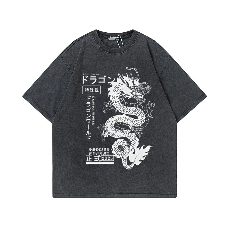 

Hip Hop 2025 Harajuku Dragon Funny Pattern T Shirts Men Hip Hop Tee Clothes Cotton Couple Summer Shirt Washed Loose T Shirts Y2k
