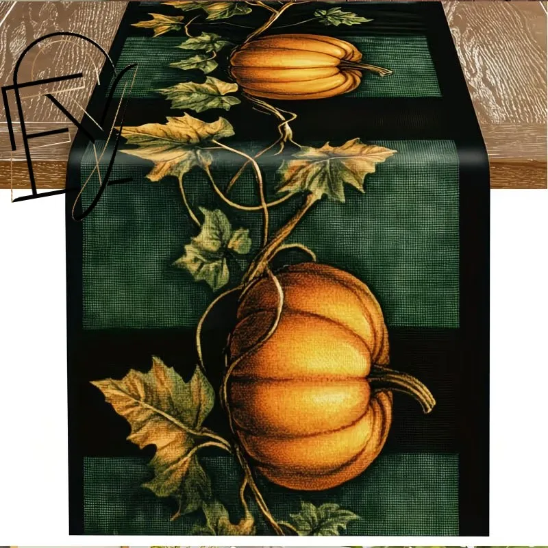 Linen Table Runner Autumn Mason Jars with Pumpkins Sunflowers  Maple Leaves on Off White Harvest Season Kitchen Cover