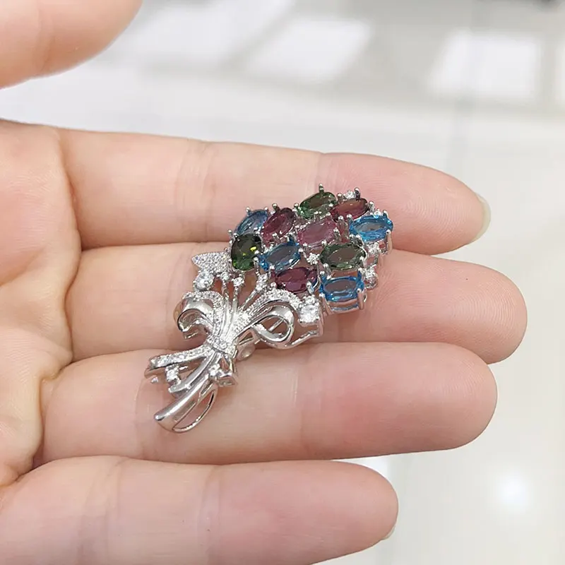All kikd stone Brooch for Party 4mm*6mm Total 5ct Genuine topaz tourmaline Alexander 925 Silver Brooch Birthday Gift for Women
