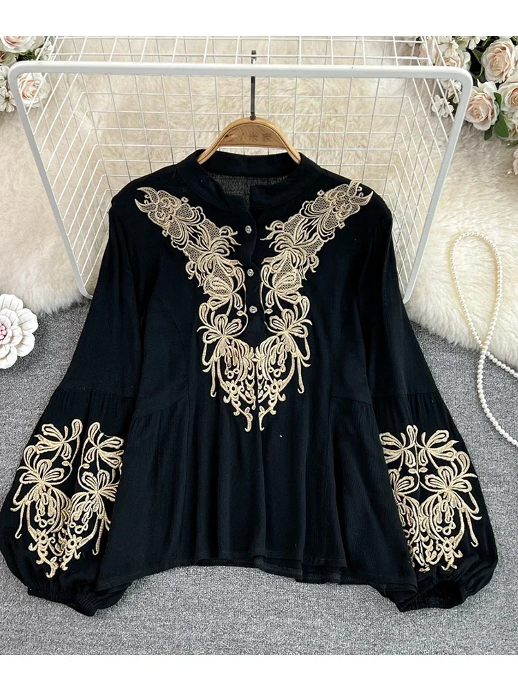 Women Spring Blouse Retro Ethnic Style Lantern Long Sleeve Round Neck Embroidered Loose Cotton Linen Shirt Casual Top D3548