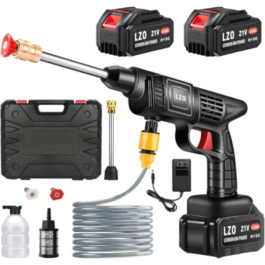 

Cordless Pressure Washer for outdoor cleaning, ABS plastic body, black and gray, 21V dual-battery system with 6-in-1 nozzle and