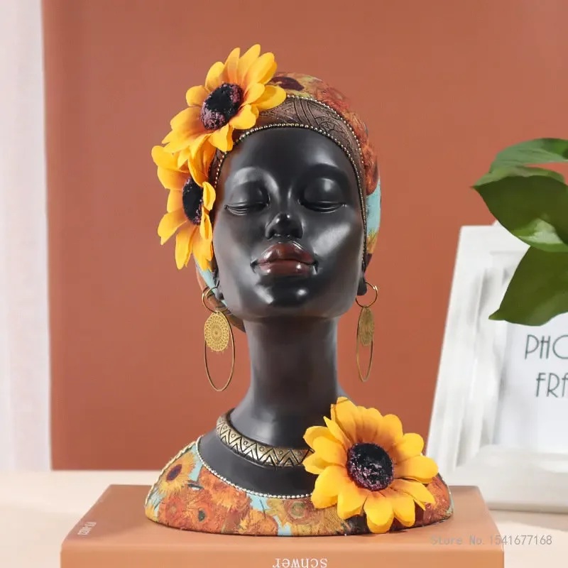 

New African style Sunflower black girl's head portrait Sculpture resin decoration craft gift home living room bedroom decoration