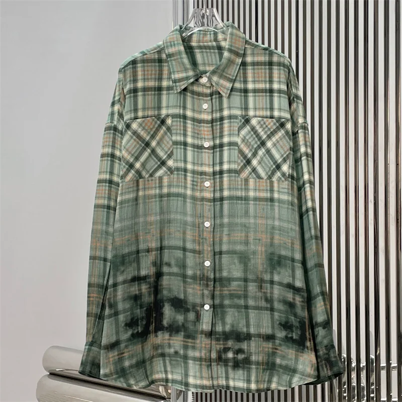 

Women's shirt Spring 2026 new single breasted women's long sleeved top pure cotton plaid Women's blouse y2k gradient thin coat