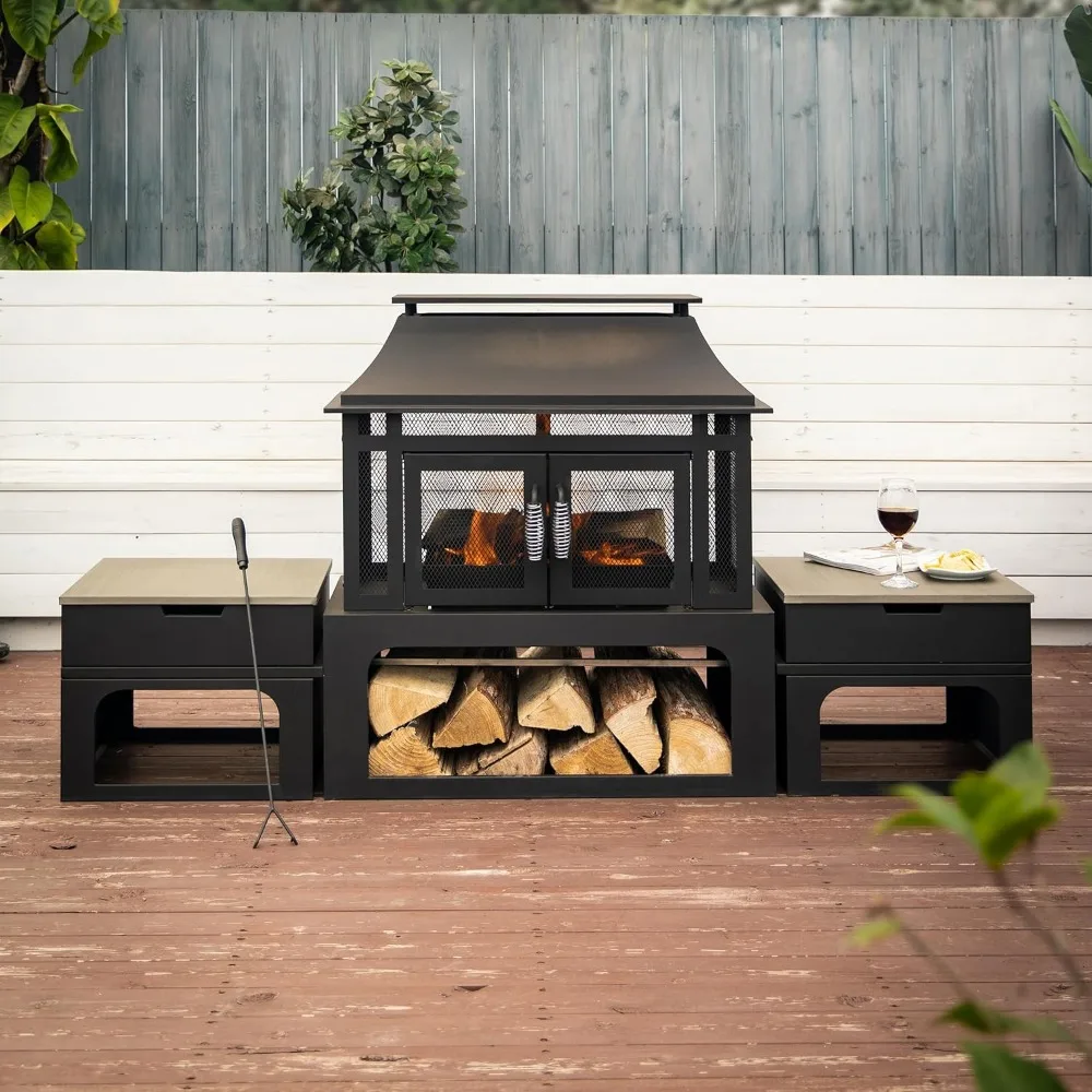 

70 Inch Rectangular Outdoor Steel Woodburning Fireplace with Side Tables - Integrated Log Storage and Log Poker