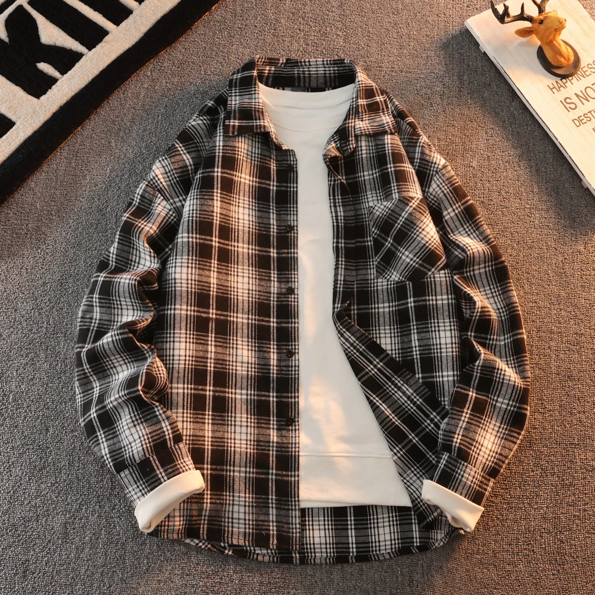 Spring Men Plaid Long Sleeve Casual Shirt Autumn Loose Fit Korean Sle Student Leisure Vintage Outerwear Brushed Versatile Shirts