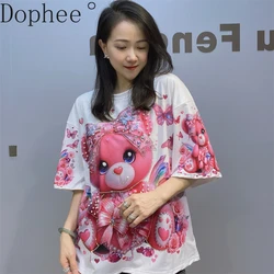 New Spring Summer Short Sleeve Printing Women T-shirt Cute Bear Beads Diamonds O-neck Pullover Top All-match Loose White Tees