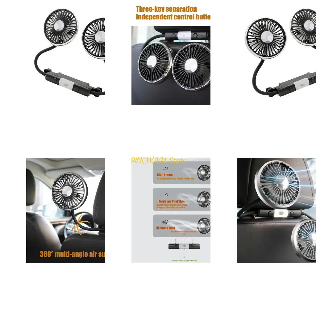 Headrest Mounted Car Fan with Flexible Gooseneck Arms, Double Head Rear Cooling Fan, USB 5V Power, 3 Speed Cooling and LED Light