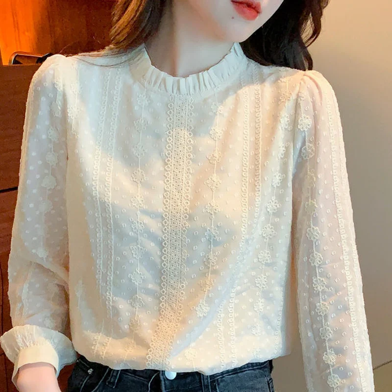 Fashion Embroidered Lace Solid Color T-shirt Women New Classic Long Sleeve Office O-collar Chiffon Temperament Pullover Shirt