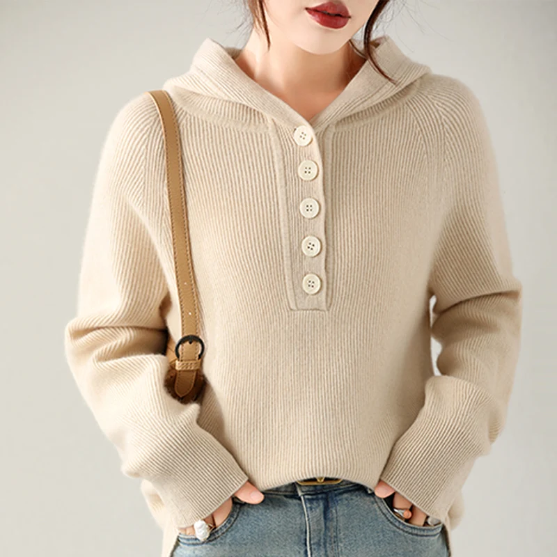 100% Cashmere Women Sweater Pullover Hoodie Long-sleeves Button Winter Thickening Warm Knit Tops 2024 New