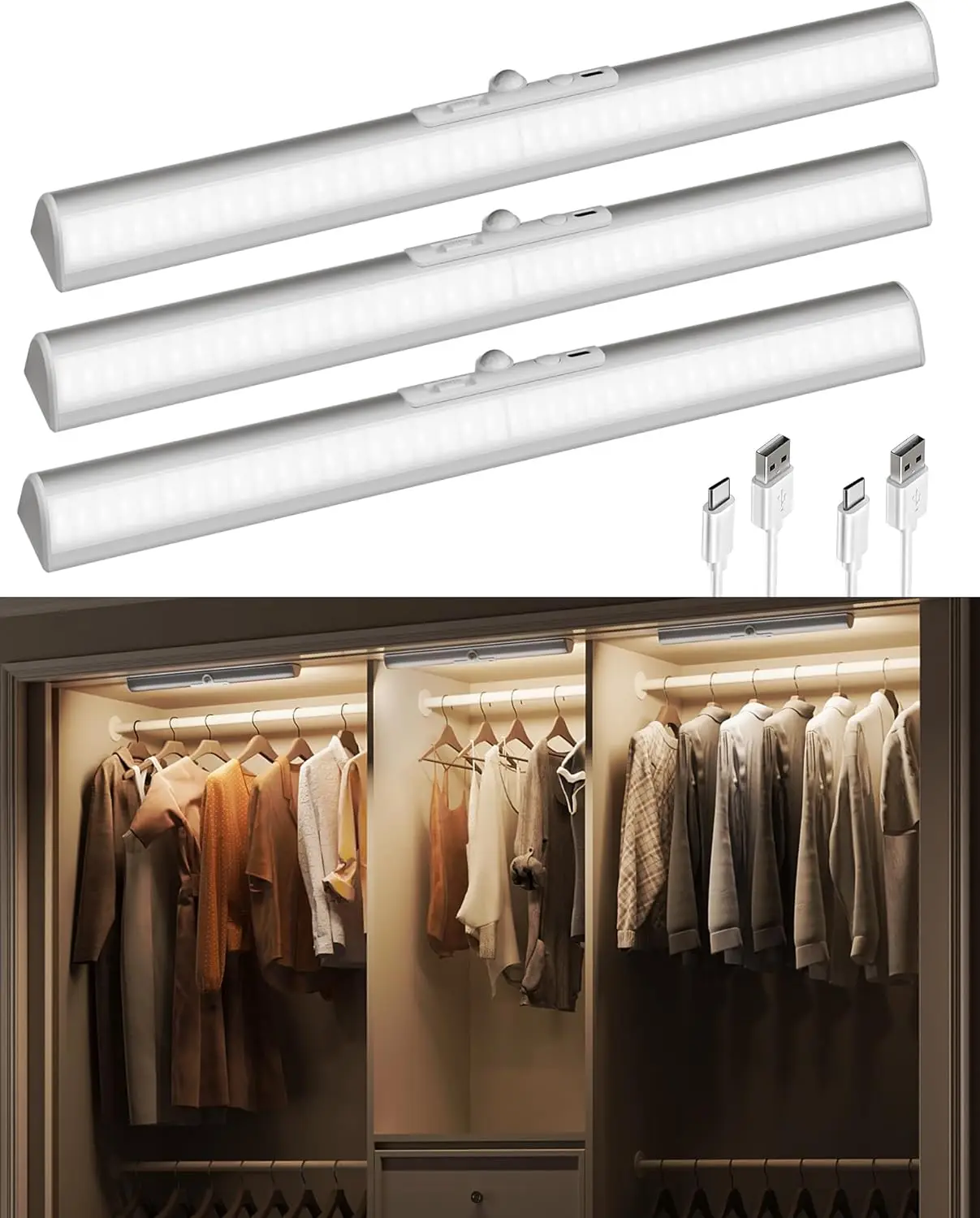 

17-Inch Motion Sensor LED Closet Lights, Rechargeable Battery, 3 Colors & Dimmable - 3 Pack