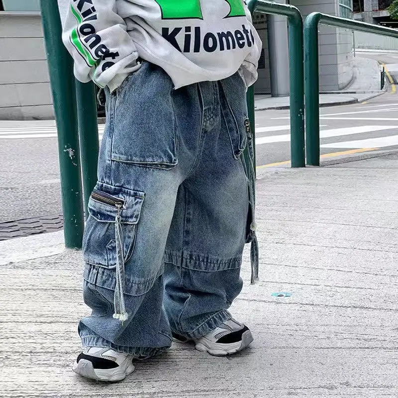 Baby Boys Loose Pants Spring Denim Trousers for Children Korean Toddler Baby Clothes Multi-Pocket Jeans Cargo Pants 2 -8 Years