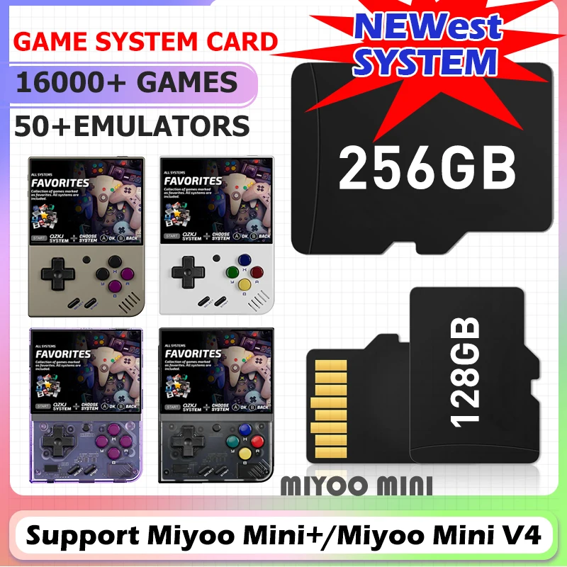 بطاقة نظام الألعاب Miyoo Mini Plus 64 جيجابايت/128 جيجابايت/256 جيجابايت 50 + محاكيات تدعم بطاقة PS1/MAME/NDS TF بطاقة SD للتوصيل والتشغيل الصغير Miyoo