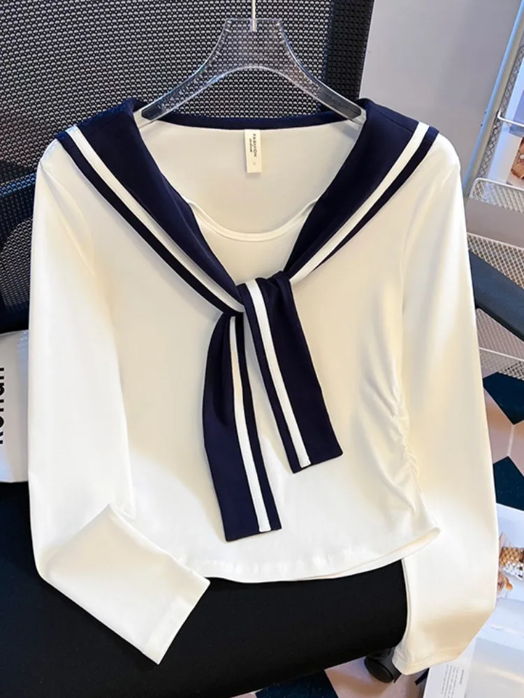 الكورية Sle طويلة Sve تي شيرت المرأة أوائل الخريف الخصر الصغيرة Cinched مطوي ort الأعلى مع وشاح الكتف تصميم الذاتي Kept #1