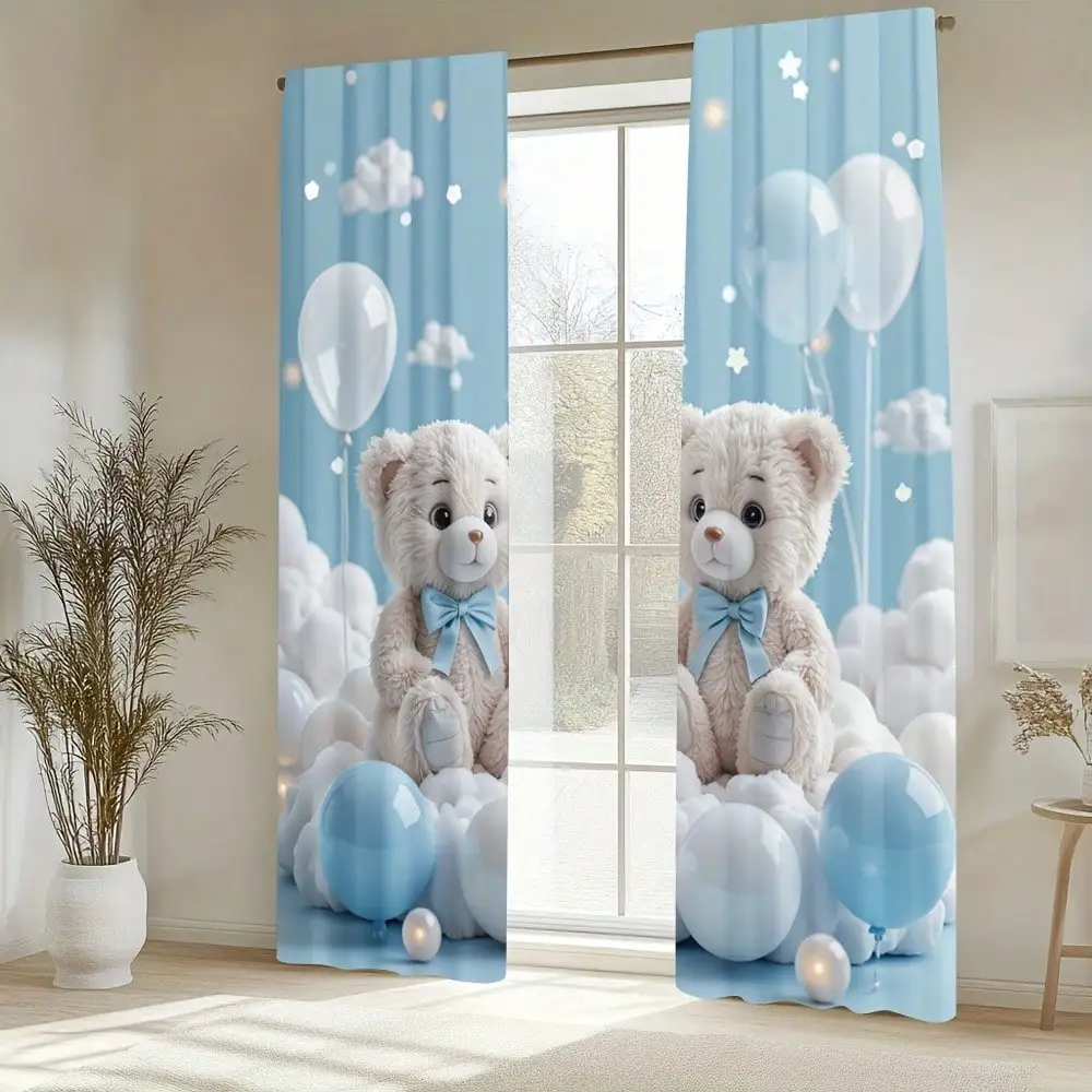 A Set Of 2 Curtains With Bear And Cloud Patterns, Designed For Windows In Various Home Environments Such As Bedrooms