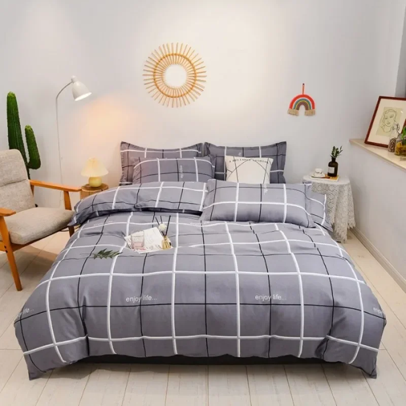 Udisi Simple Bedding Set Loveheart Duvet Cover Pillowcase Bed Linens Set Stripe Printing Quilt Cover Bed Flat Sheet Queen Size