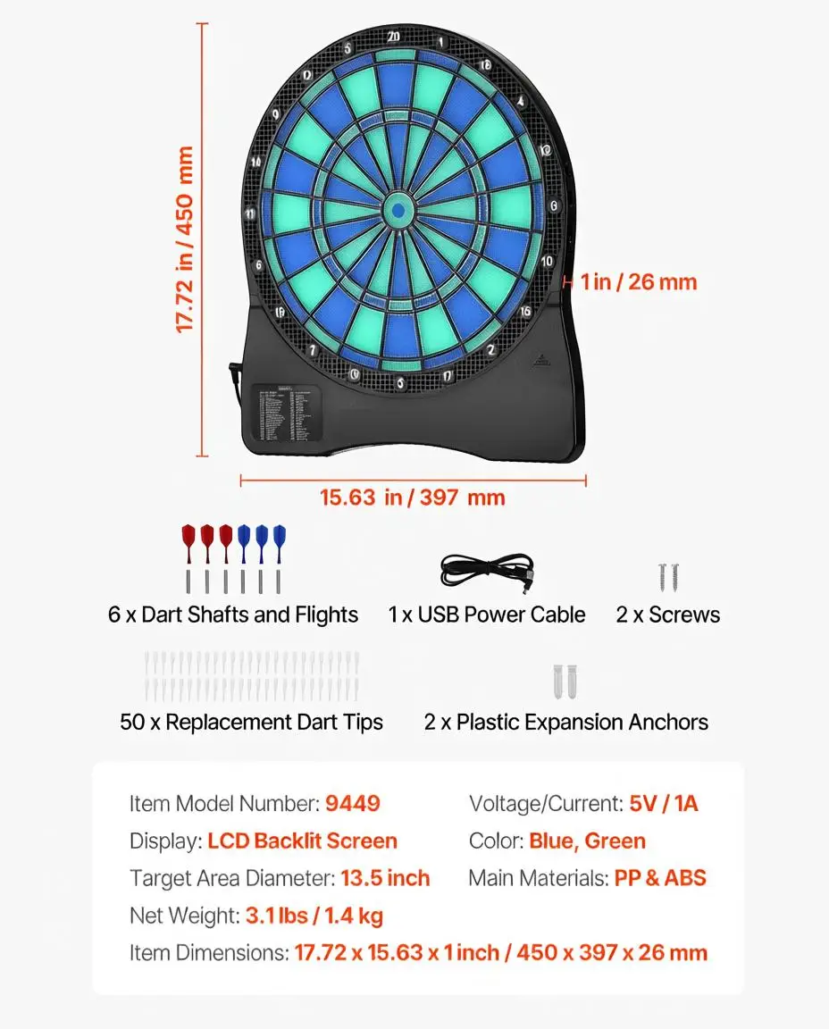 

Электронная дартс-доска с LED-подсветкой, 48 играми и более 500 вариаций, в комплекте 6 дротиков с наконечниками