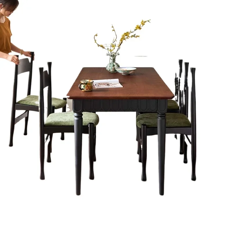 

French high backrest solid wood retro dining table and chair combination, home black medieval chair