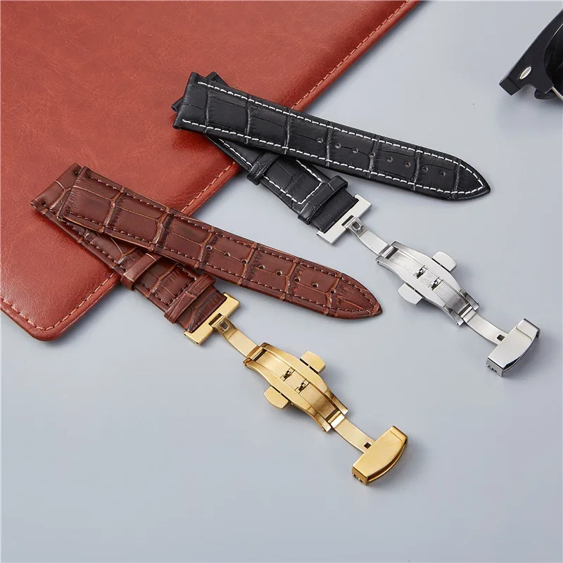 Genuine Leather Watch Straps Embossed Business Watchband 17/19/21/23 mm Butterfly Stainless Steel Buckle Strap 16/18/20/22/24 mm