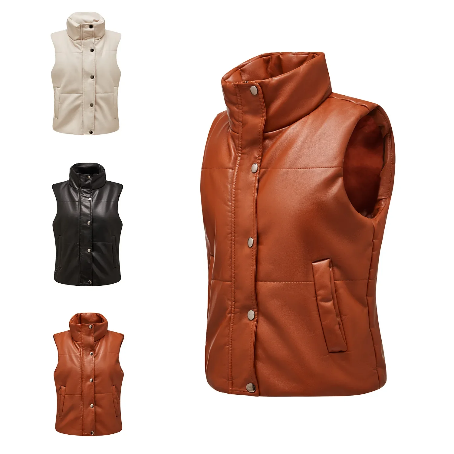 

Autumn Winter Women's Leather Vest Sleeveless Cotton Clip Zipper Cotton Clothing Fashion Standing Collar Waistcoat