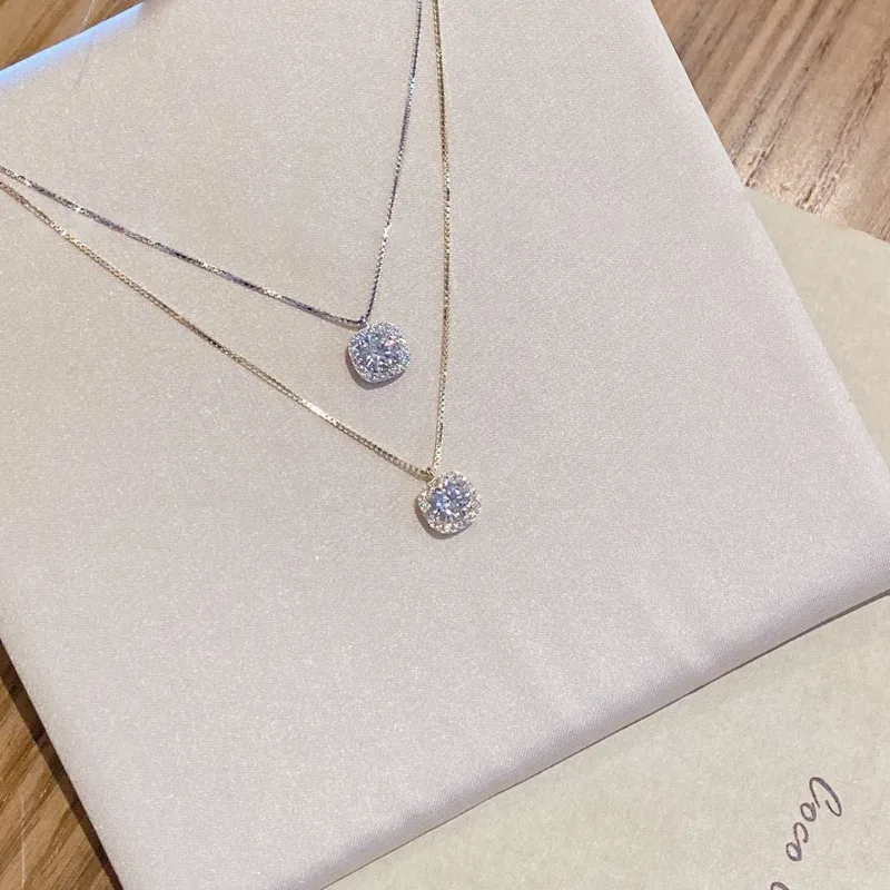 Luxurious Exquisite 925 Sterling Silver Square Zircon Pendant Necklace for Woman Shiny Collarbone Chain Jewelry Accessories Gift