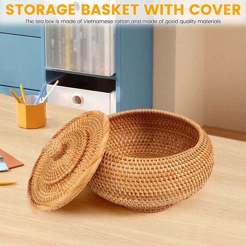 Hot Storage Basket Hand-Woven Rattan Woven With Cover Round Primary Color Chinese Jewelry Snacks Tea Set Storage Box