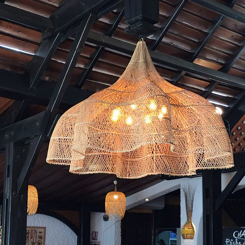 Japanese Rattan Pendant Lamp Modern Living Room Wicker Pendant Lamp Restaurant Kitchen Dining Room LED Handmade Pendant Light