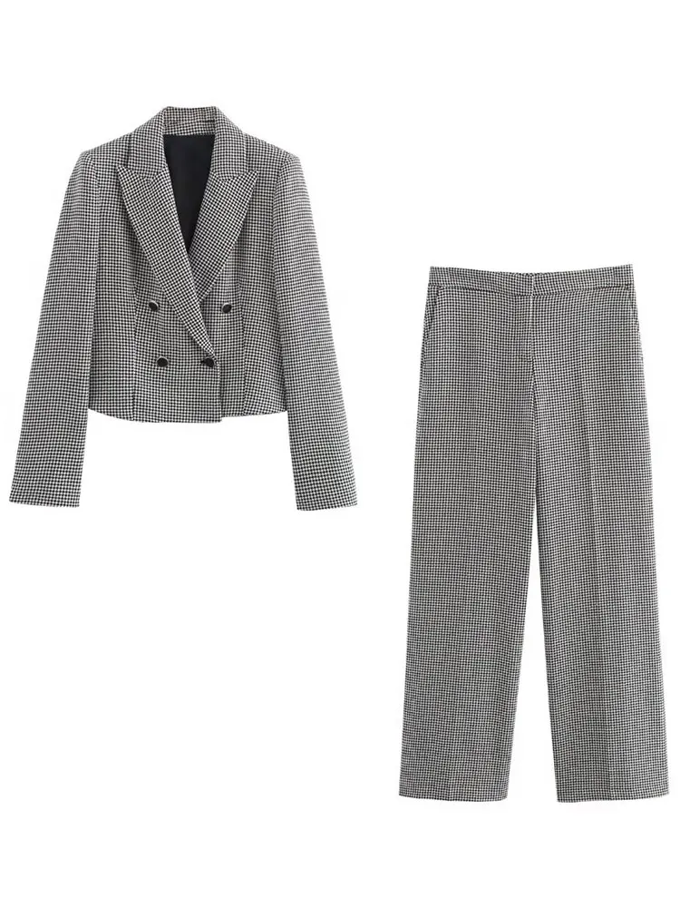 HH TRAF-Costume Pied-de-Poule pour Femme, Blazer Tendance à Revers + Pantalon Long Droit à Jambes Larges, Mode Automne 2024