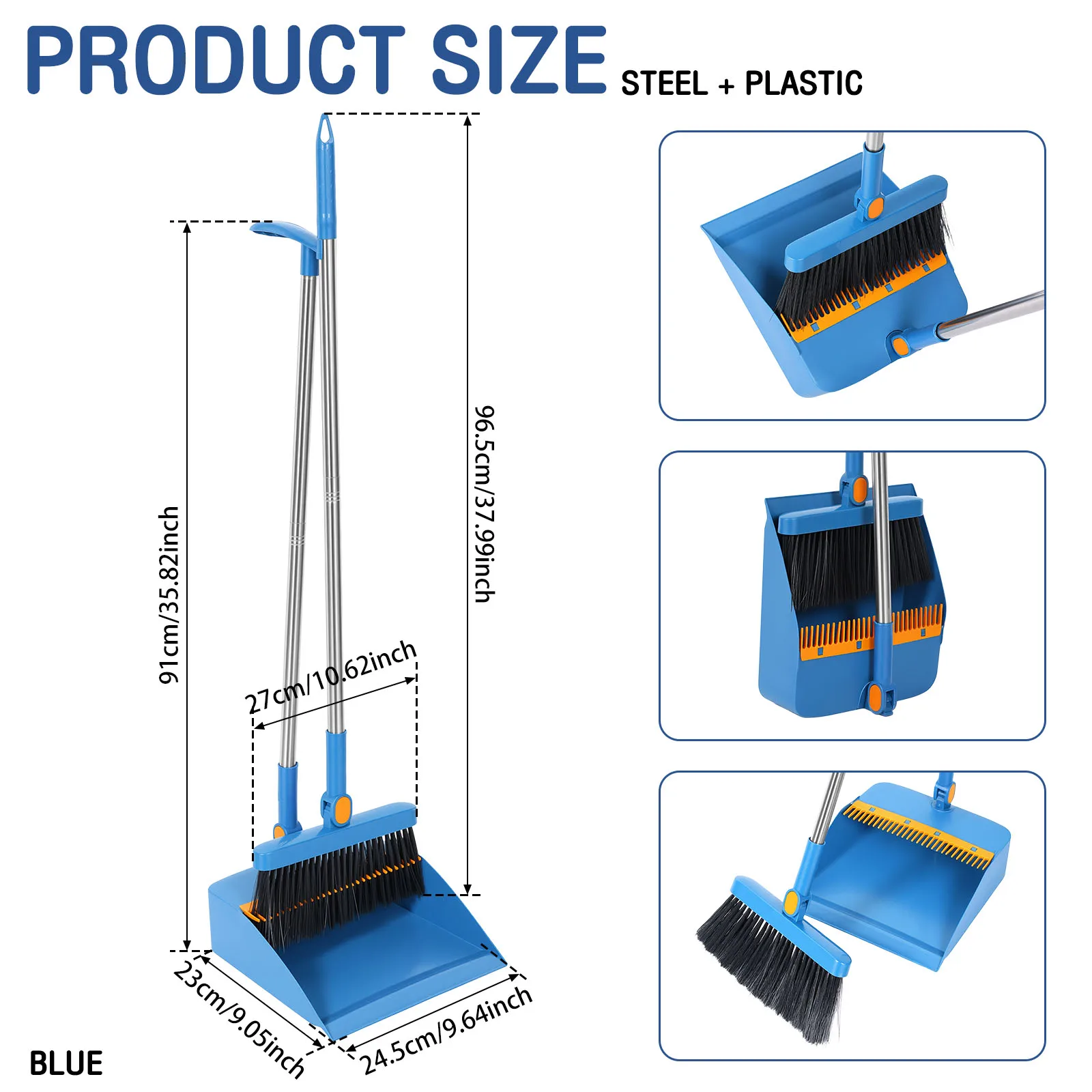 Broom And Dustpan Set Long Handle Self Cleaning Dustpan With Comb Teeth Rotating Broom Head Upright Storage For Pet Hair Home