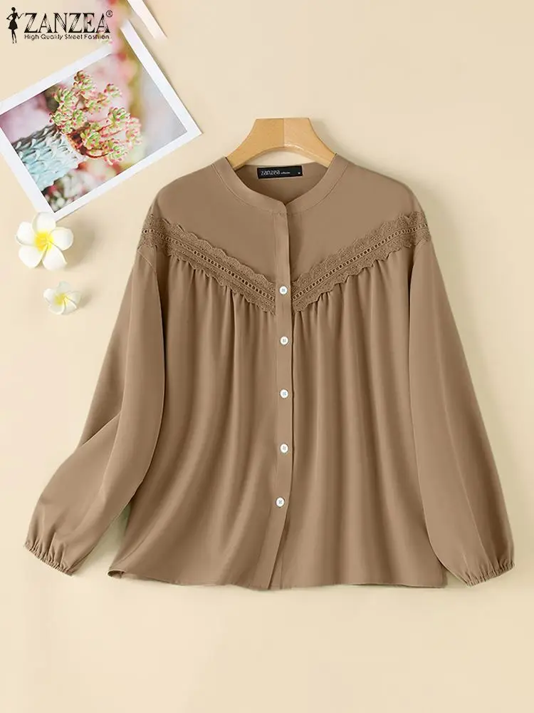 ZANZEA Stylish Autumn Women Long Sleeve Lace Tops Casual Button Up Blusas Female Elegant Solid OL Work Blouse Patchwork Shirt