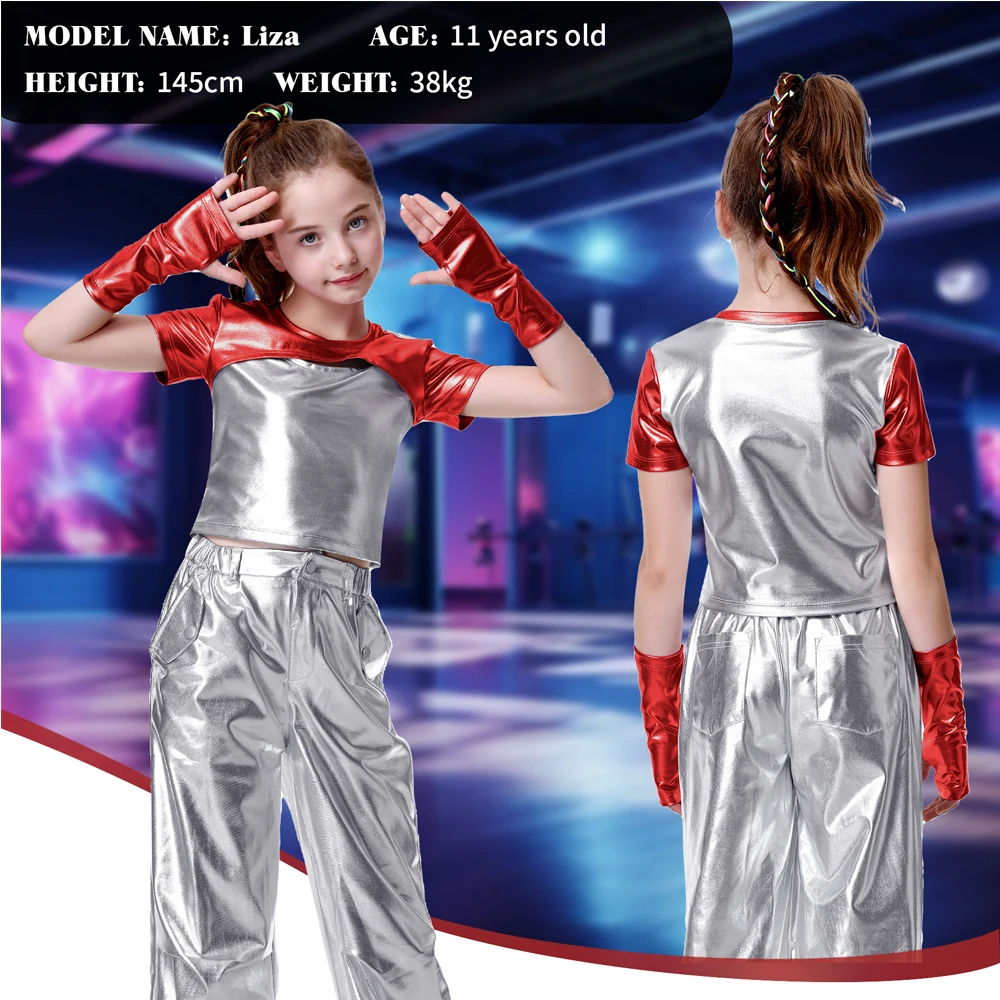 LOlanta Metallic Dance Top for Kids Girls Sparkly Hip Hop Jazz Performance Tops Shiny Disco Crop Tops with Metallic Arm Sleeves