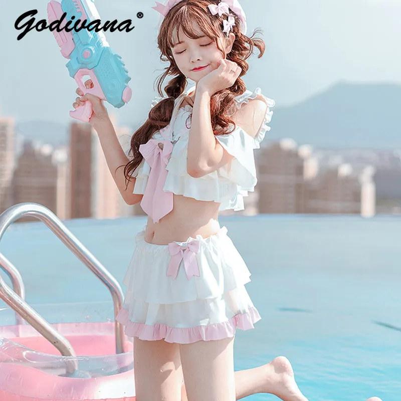 

Cute Japanese Style Sailor Collar Swimsuit Female Summer Hot Spring Student Cute Bow Top and Skirt 2 Piece Set Split Swimsuit