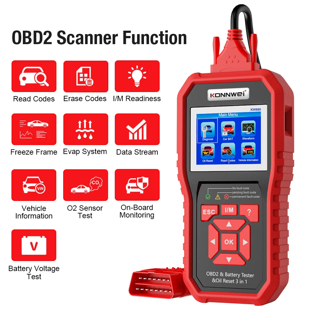 KW890 Konwei Automotive Scanner OBD2 Professional Battery Tester Oil Reset Diagnostic Tool 3-in-1 Automotive Code Reader