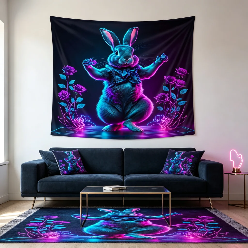 1PC Neon Rabbit Rose Art Print Backdrop Banner, Bedroom Living Room Photo Background, Polyester, Home Decor, Wall Art