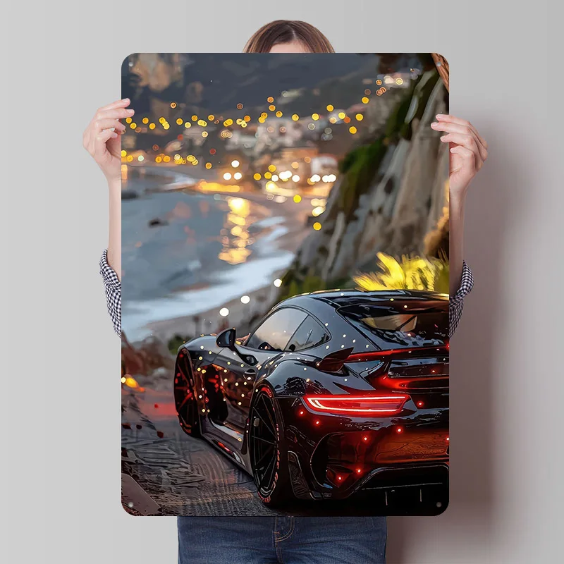 Sleek Black Car At Night Printed Poster Customized Wall Art Retro Vintage Metal Tin Signs for Garage Gamer Decoration Room Decor