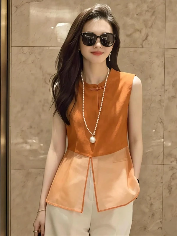 

Elegant Chinese Style Mid-Length Sleeveless Shirt Women's Design Sensation Versatile Beautiful Summer New Arrival