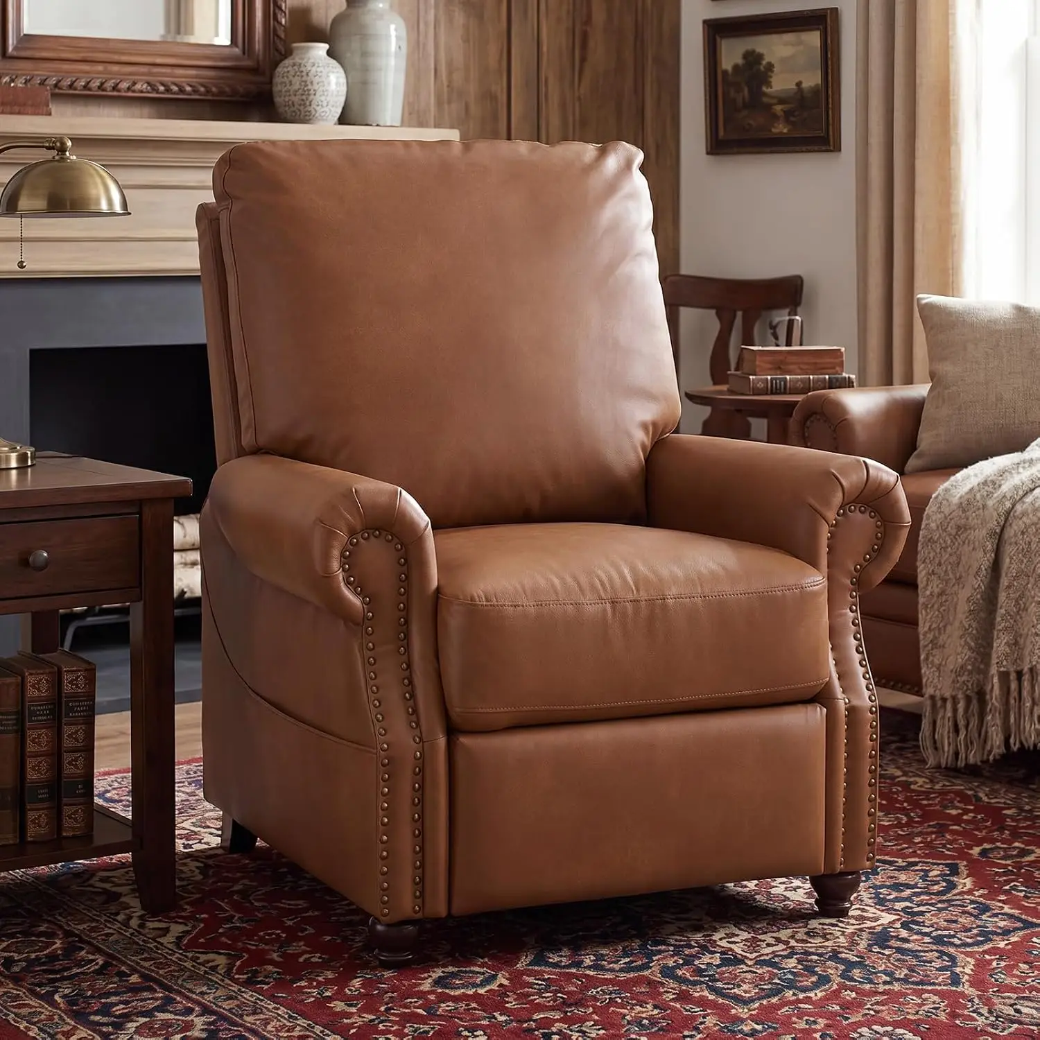 Massage & Heat Pushback Recliner, Breathable Leather with Overstuffed Backrest & Rivet, Single Sofa for Living Room, Camel, Cust