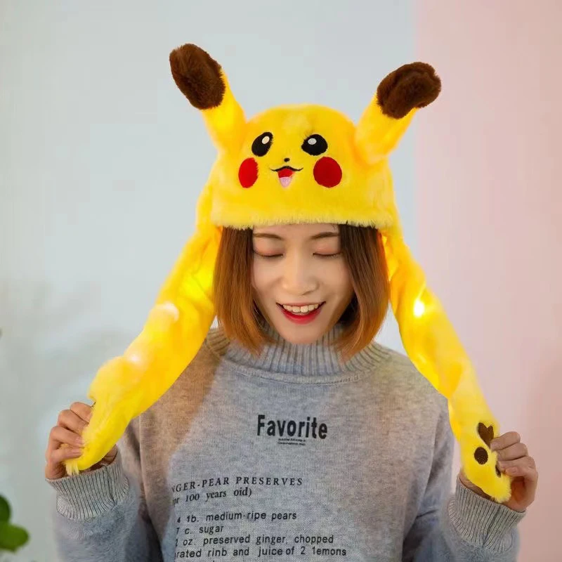 Anime Pokemon Pikachu Women Hat Beanie Can Moving Bunny Ears Hat with Shine Earflap Movable Ears Casual Animal Cap Beanies Gift