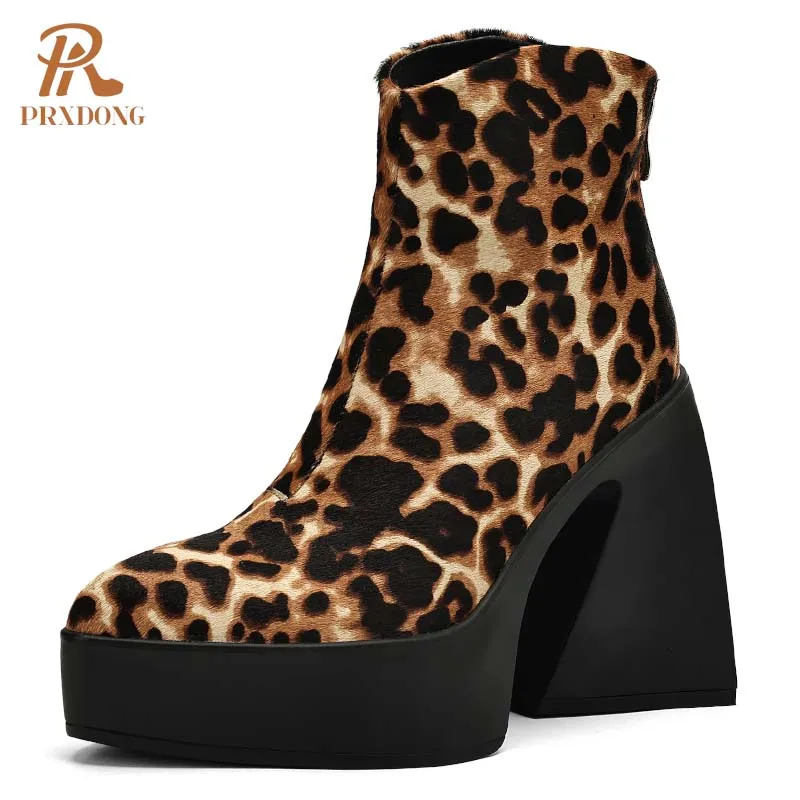 PRXDONG Women's Boots 2024 New Brand Real Fur High Heels Thick platform Shoes Black Multi Dress Party Female Ankle Boots 34-39